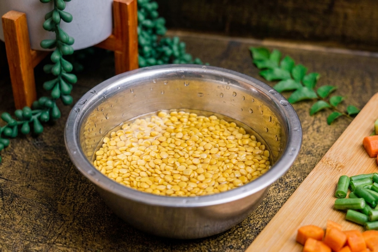 Rinsed toor dal in a metal bowl with water droplets, sitting on a kitchen counter next to chopped vegetables