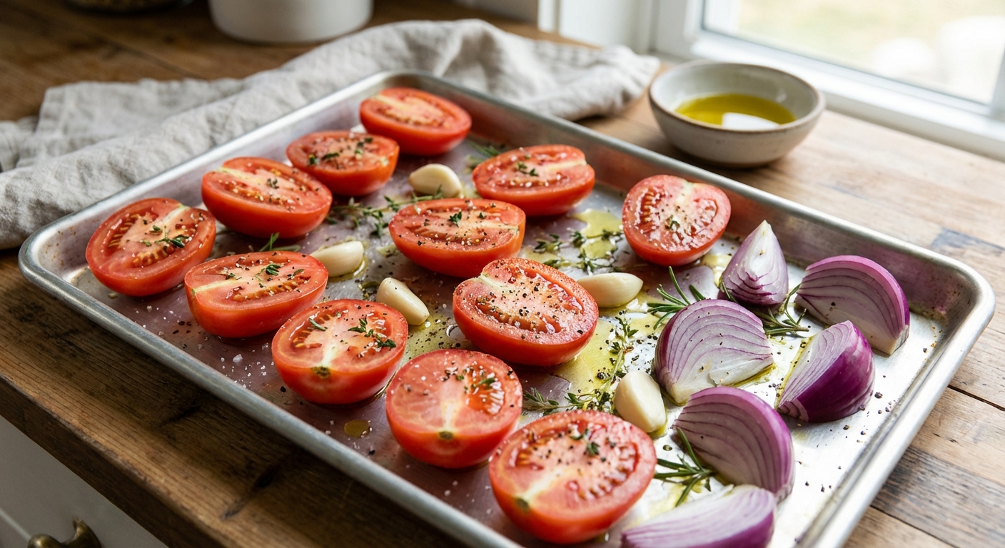 Ripe Roma tomatoes, garlic, and onions on a sheet pan ready to roast