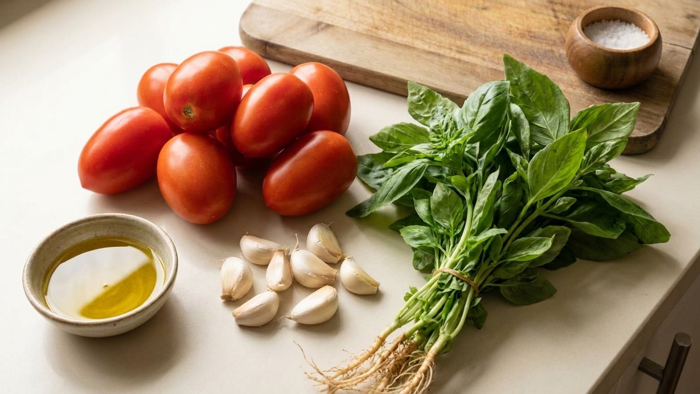 Ripe Roma tomatoes, garlic cloves, a bunch of fresh basil, and a small bowl of olive oil arranged on a light kitchen counter