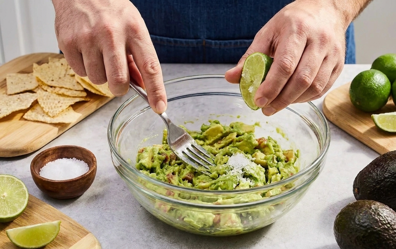 Ripe avocados being mashed with lime juice and salt in a mixing bowl on a kitchen counter