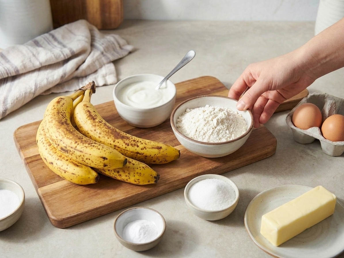 Ripe bananas, a bowl of yogurt, flour, eggs, sugar, butter, and baking soda arranged on a tidy kitchen counter with soft natural light