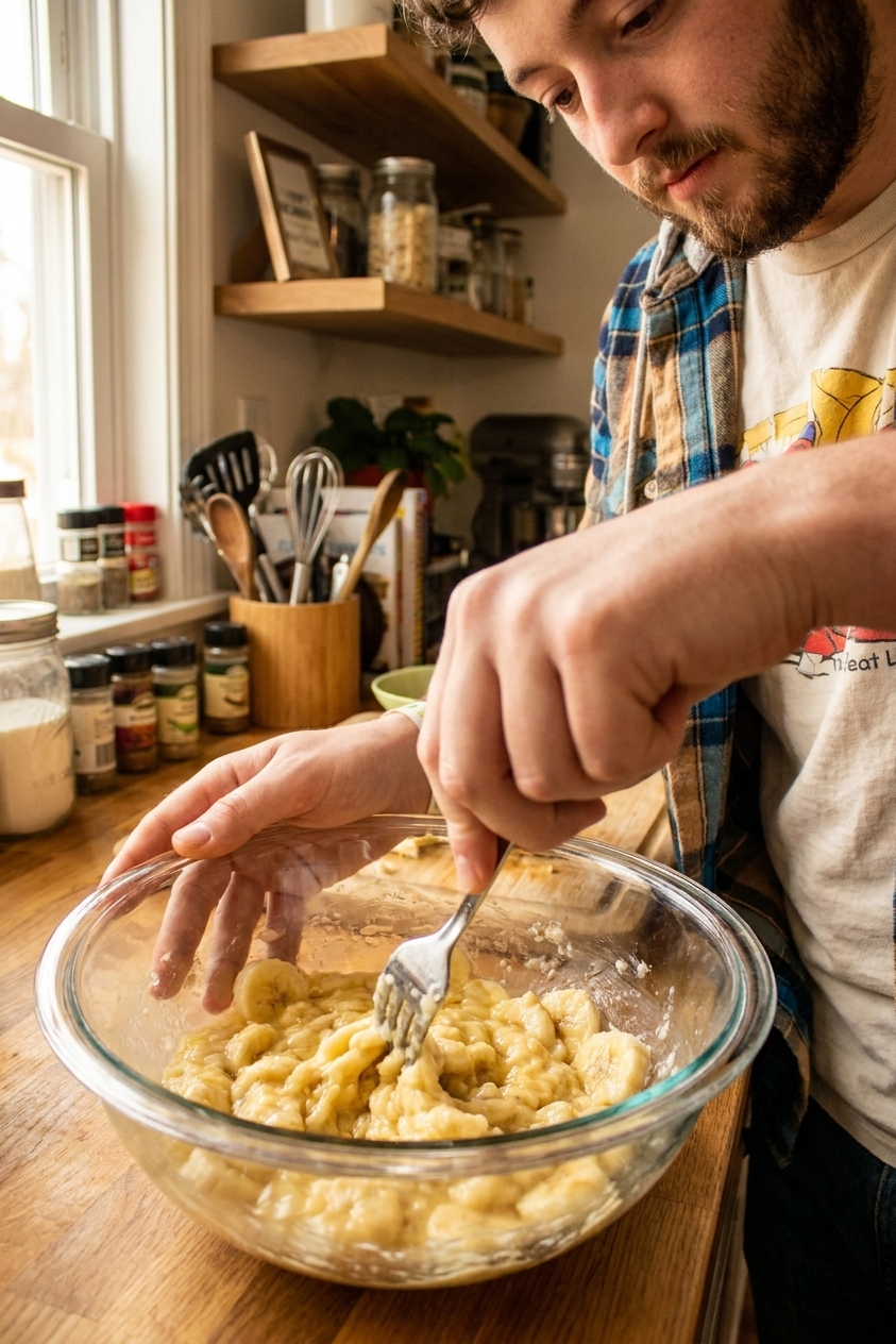 Ripe bananas being mashed with a fork in a large glass mixing bowl on a kitchen counter, close-up photo