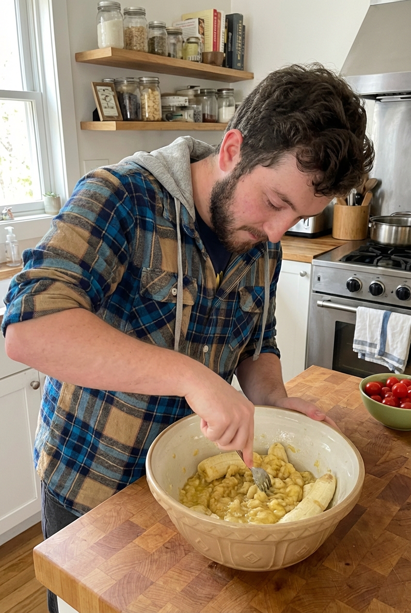 Ripe bananas being mashed with a fork in a large mixing bowl on a kitchen counter