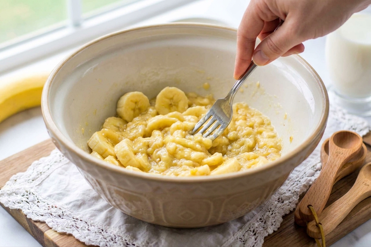 Ripe bananas being mashed with a fork in a large mixing bowl on a kitchen counter