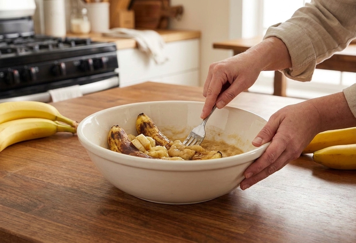 Ripe bananas being mashed with a fork in a large mixing bowl on a kitchen counter