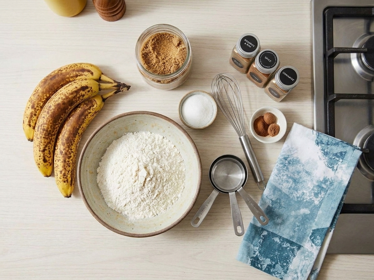 Ripe bananas, flour, sugar, and spices arranged on a clean kitchen counter ready for baking