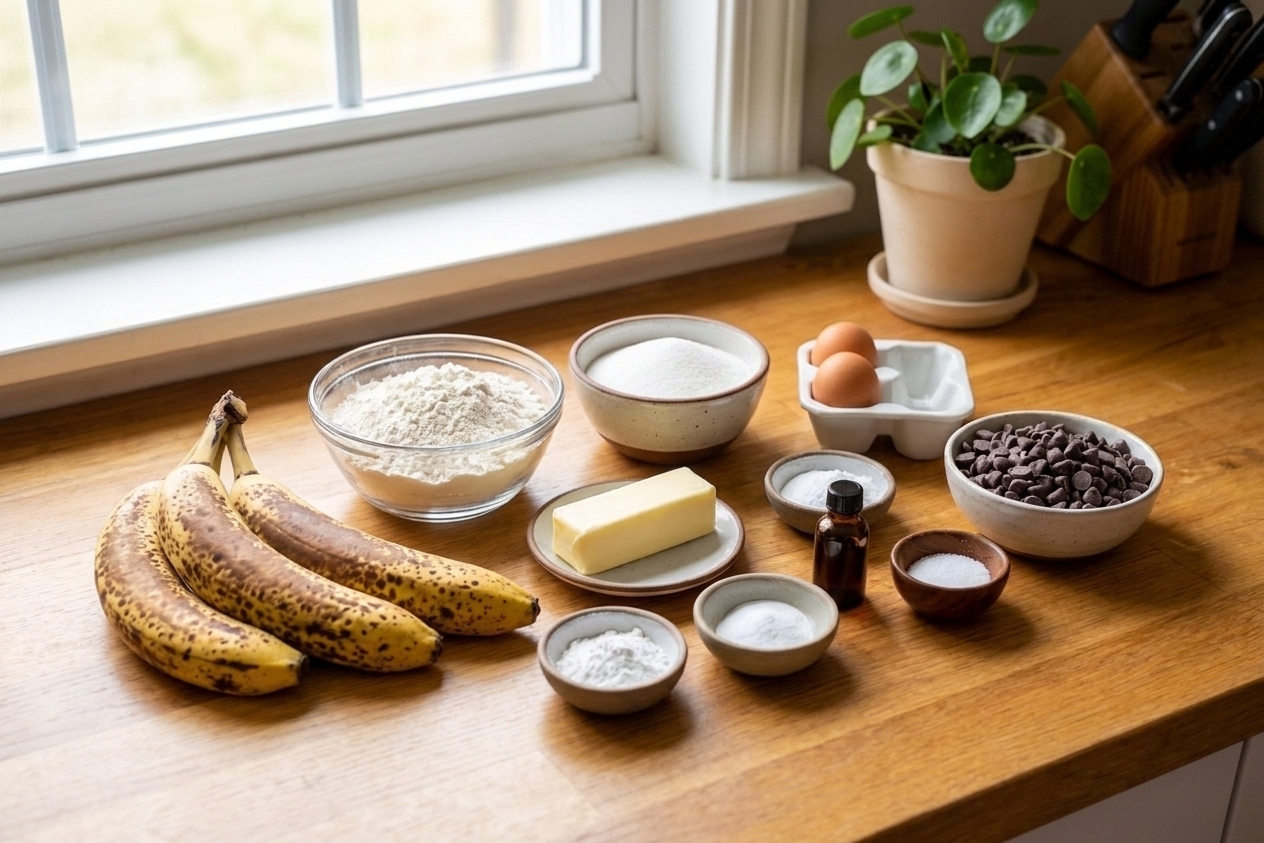 Ripe bananas, flour, sugar, eggs, butter, baking powder, baking soda, vanilla, salt, and chocolate chips arranged on a clean kitchen counter in bright natural light