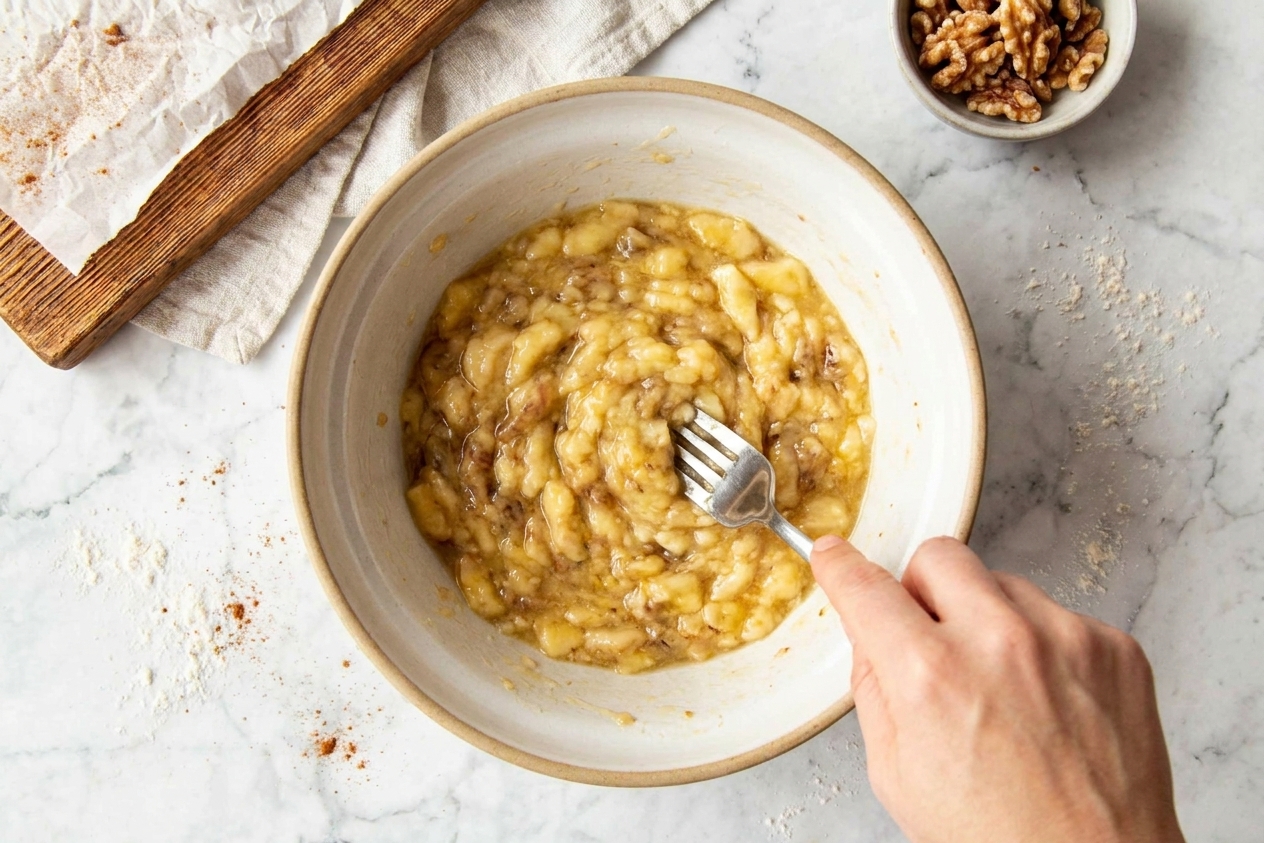 Ripe bananas mashed in a large mixing bowl with a fork on a kitchen counter