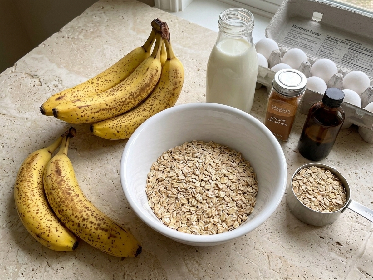 Ripe bananas, rolled oats, cinnamon, eggs, milk, and vanilla laid out on a light kitchen counter with a mixing bowl nearby