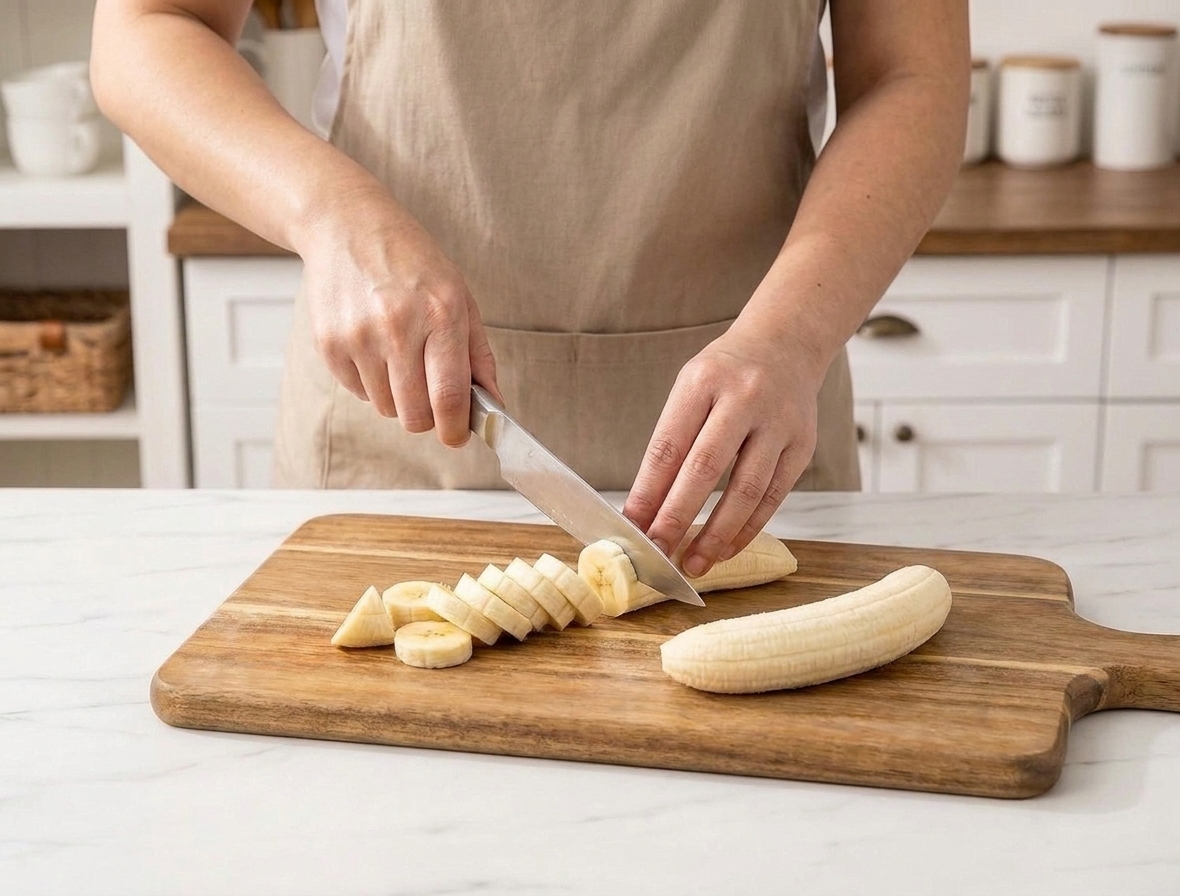 Ripe bananas sliced into rounds on a cutting board beside a knife.