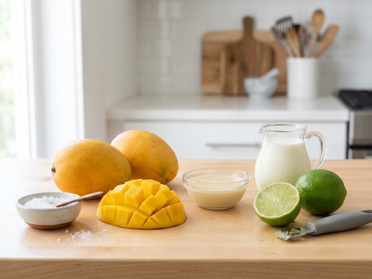 Ripe mangoes, a lime, and dairy ingredients arranged on a clean kitchen counter in natural window light