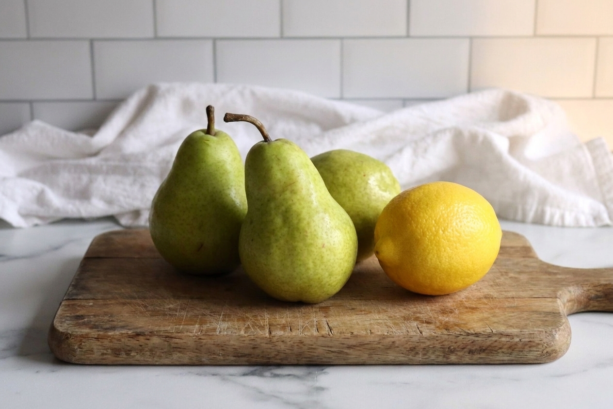 Ripe pears and a lemon on a wooden cutting board on a warm, consistent home kitchen counter with soft natural light