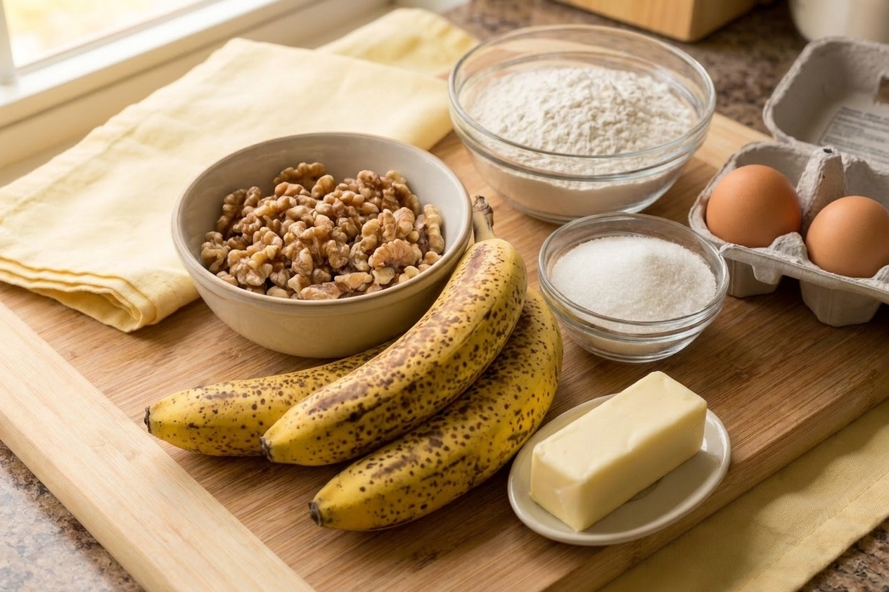 Ripe speckled bananas, a bowl of walnuts, flour, sugar, butter, and eggs arranged on a clean kitchen counter in natural light