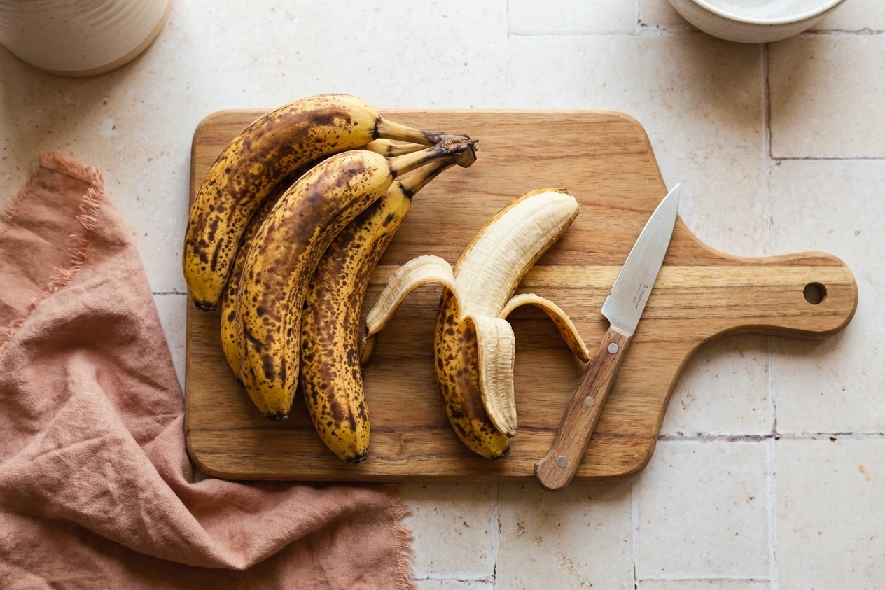 Ripe speckled bananas on a wooden cutting board with a small paring knife on a light kitchen counter, natural window light