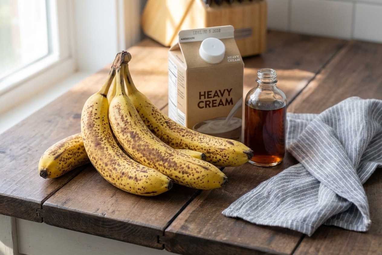 Ripe spotted bananas, a carton of heavy cream, and vanilla extract arranged on a clean kitchen counter