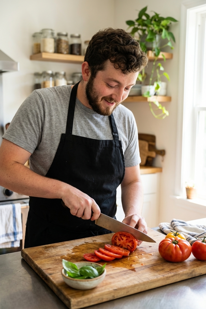 Ripe summer tomatoes being sliced on a wooden cutting board with a chef's knife, with basil and a small bowl nearby in a home kitchen
