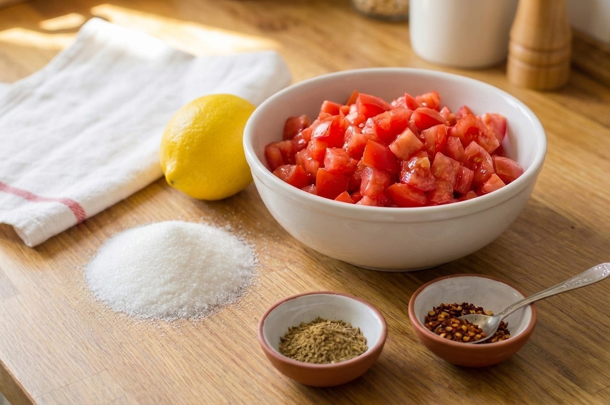 Ripe tomatoes, a lemon, granulated sugar, and small bowls of spices arranged on a clean kitchen counter in soft daylight