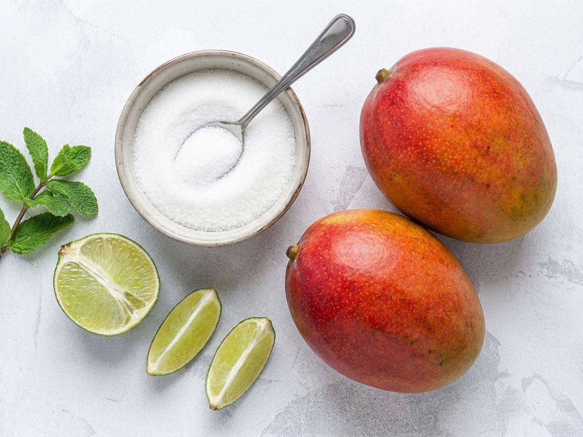 Ripe whole mangoes and a cut lime beside a small bowl of sugar on a kitchen counter