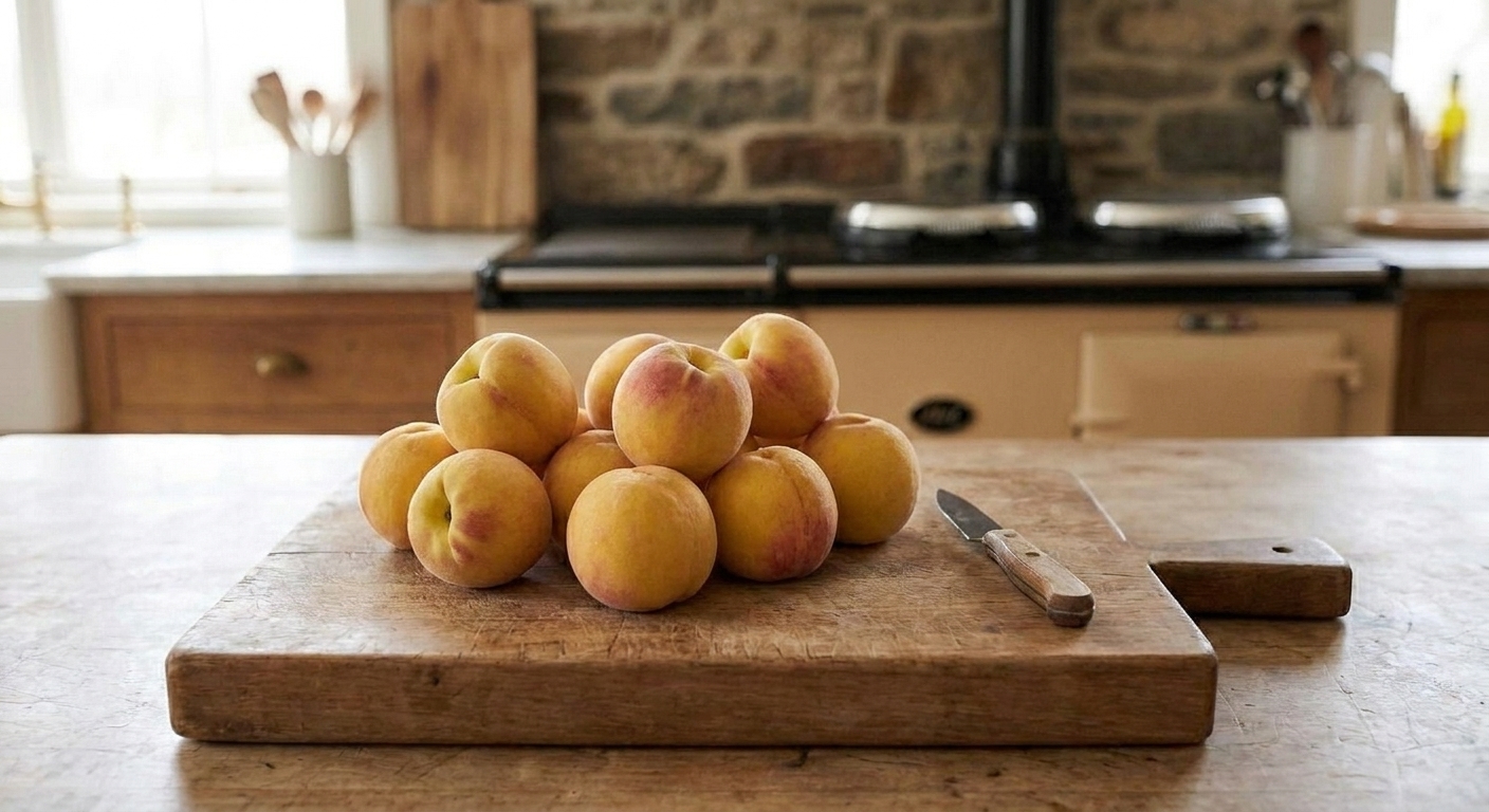Ripe yellow peaches piled on a wooden cutting board next to a paring knife on a bright kitchen counter