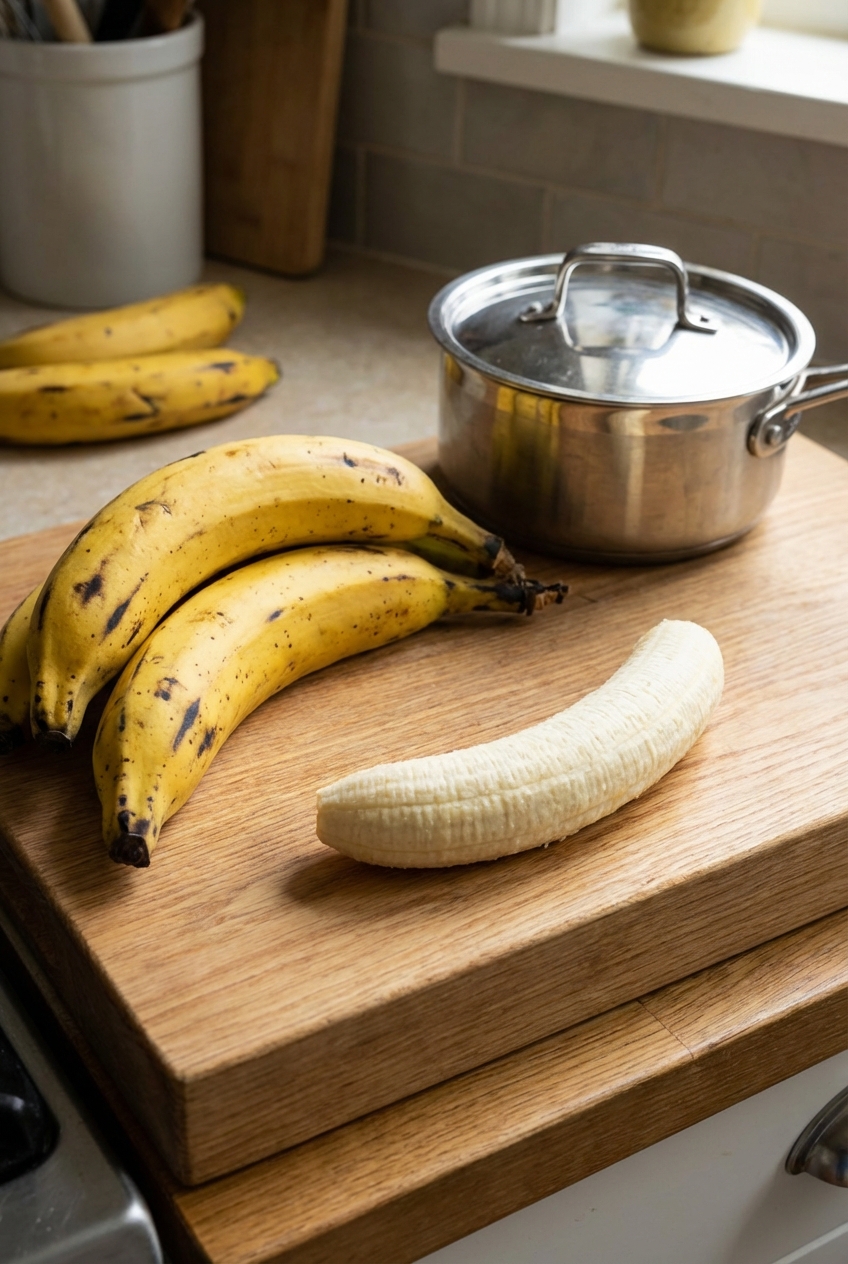 Ripe yellow plantains and a peeled plantain on a cutting board next to a saucepan
