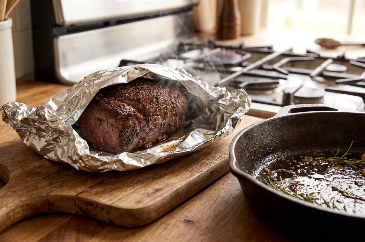 Roast beef fillet resting on a wooden cutting board, loosely tented with foil, with a skillet nearby