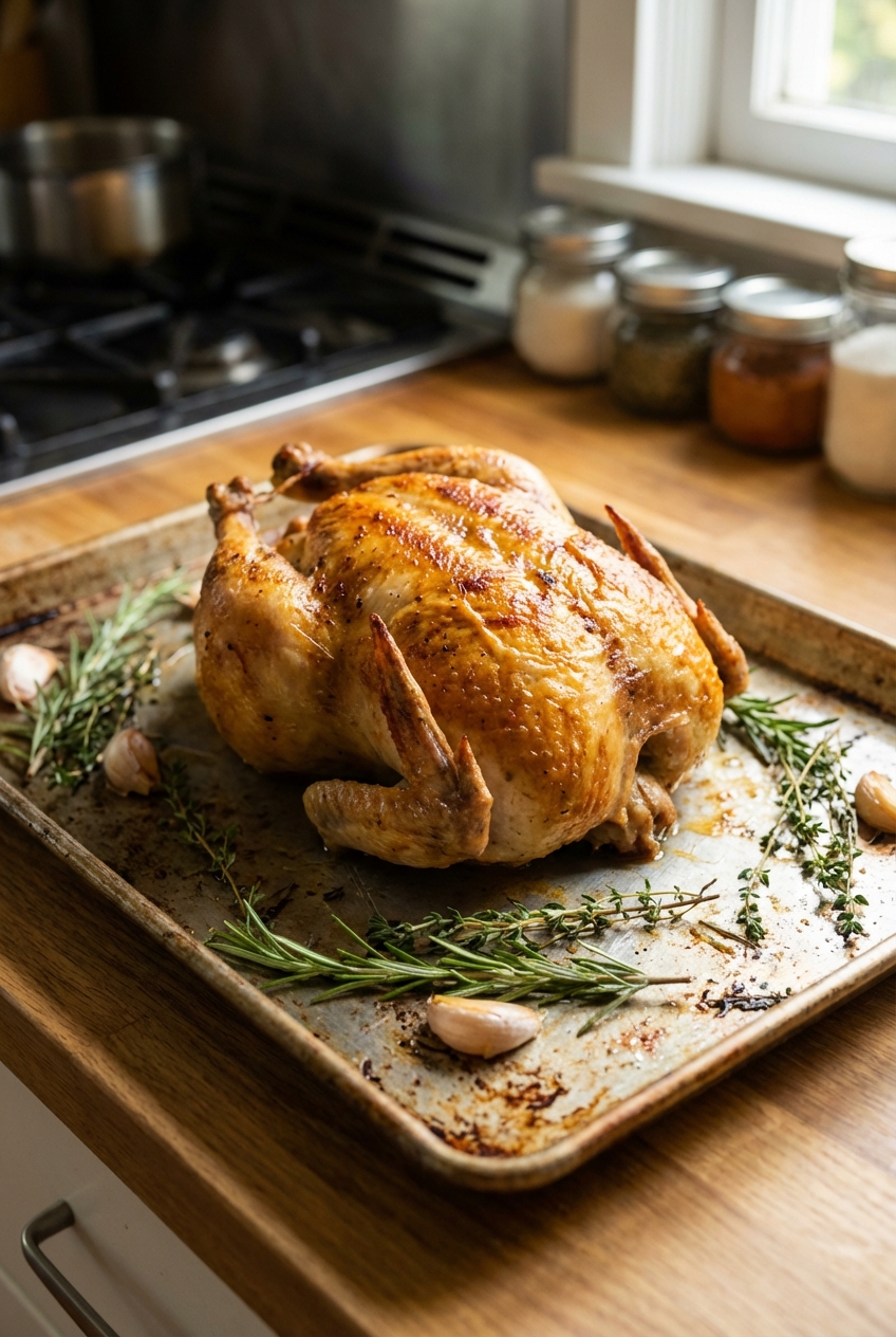 Roast chicken on a sheet pan with golden skin and herbs