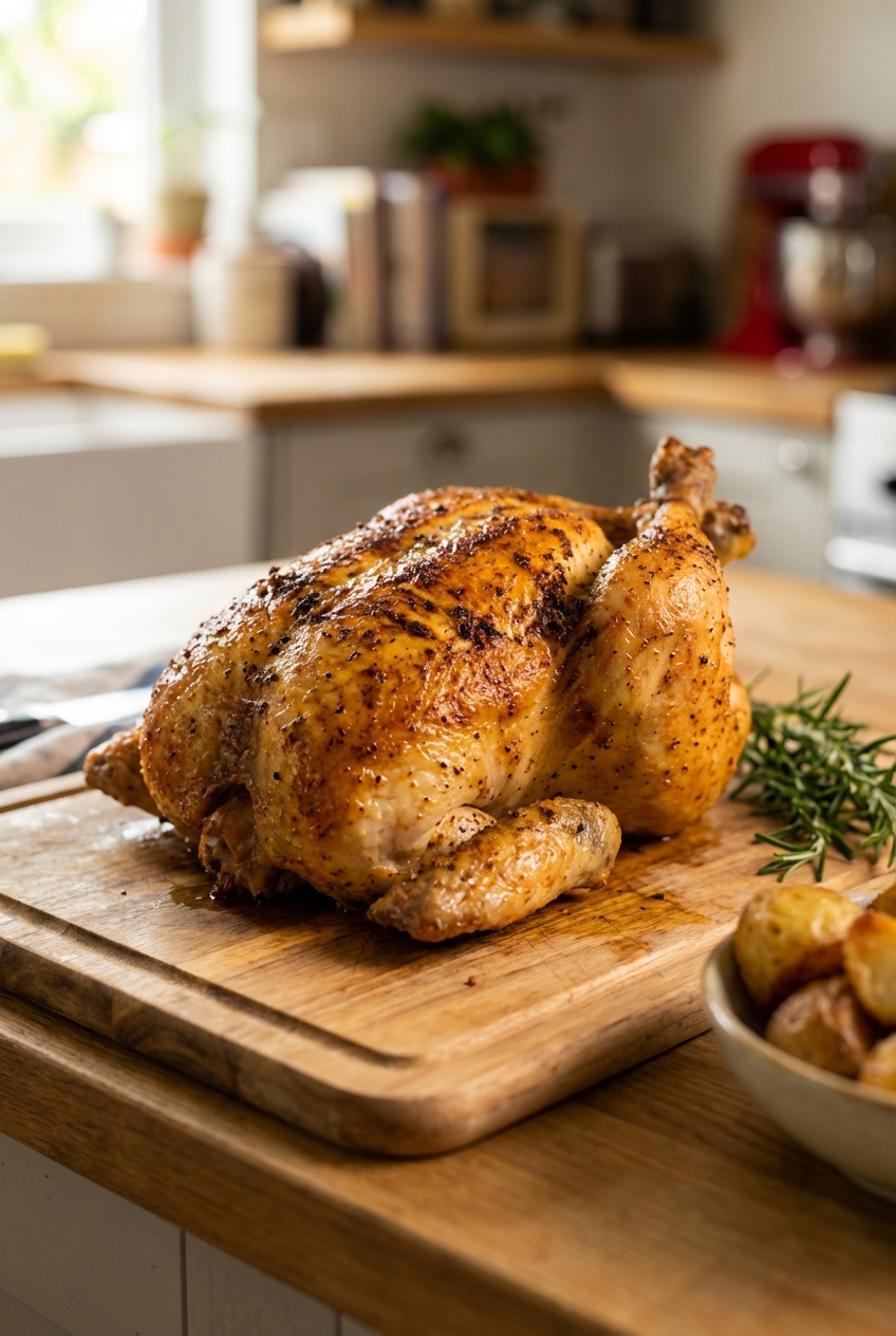 Roast chicken with crispy skin resting on a cutting board