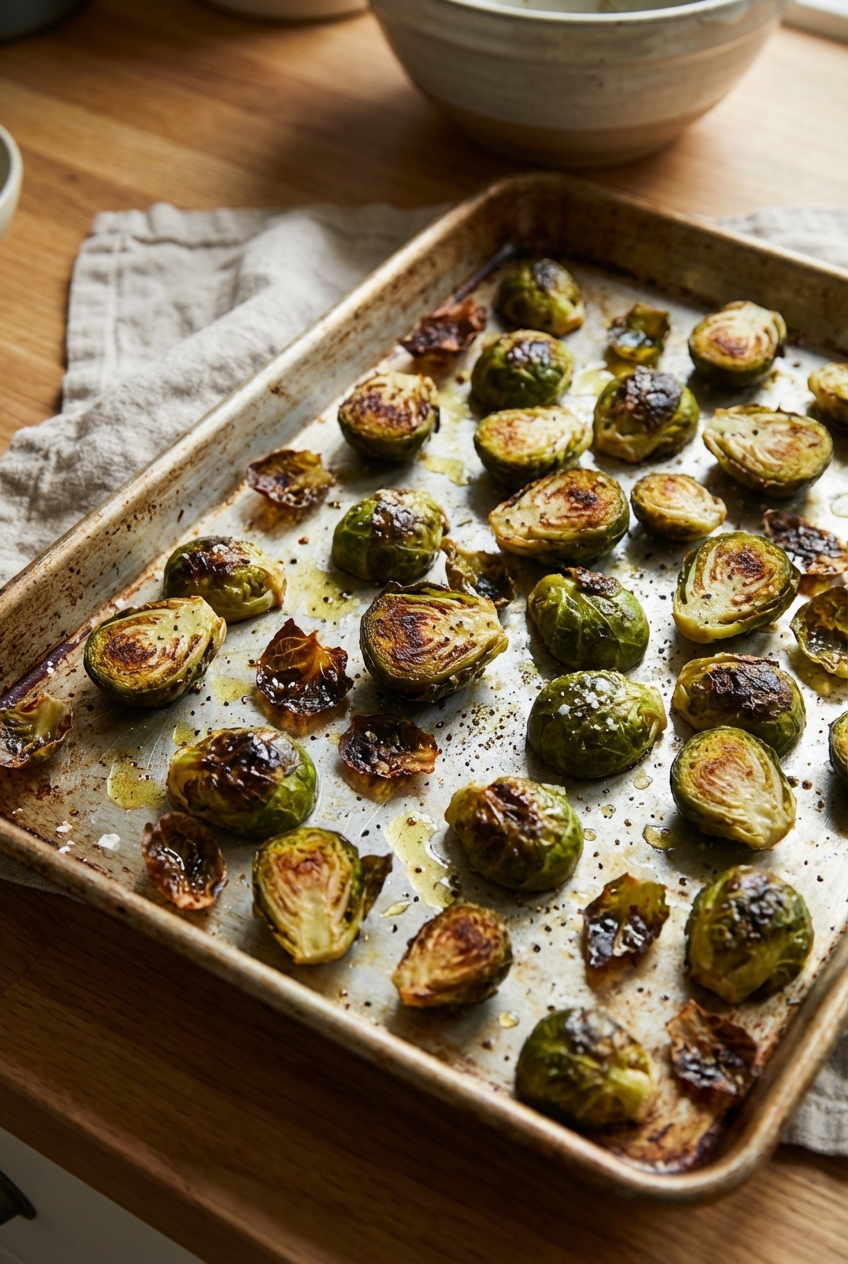Roasted Brussels sprouts browned on a baking sheet