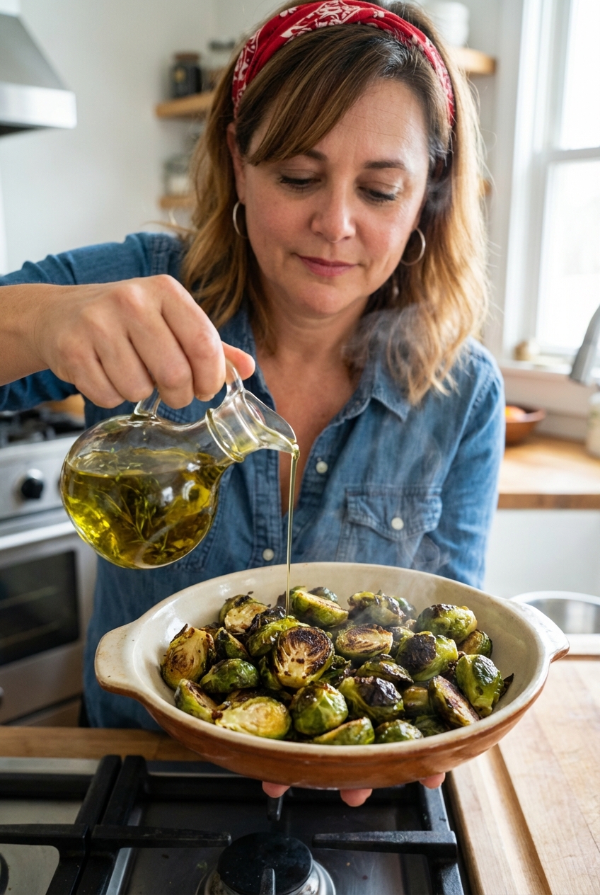Roasted Brussels sprouts in a serving bowl while herb-infused olive oil is drizzled on top