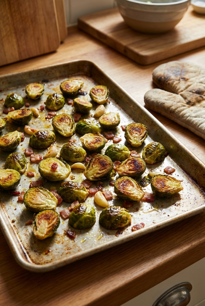 Roasted Brussels sprouts on a baking sheet with browned edges