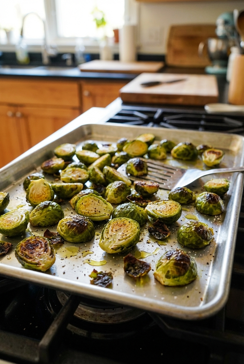 Roasted Brussels sprouts on a sheet pan with browned edges