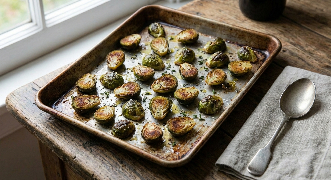 Roasted Brussels sprouts on a sheet pan with browned edges