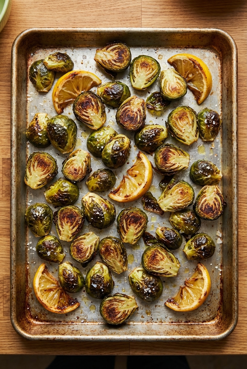 Roasted Brussels sprouts on a sheet pan with browned edges and lemon wedges