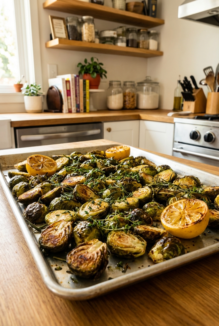 Roasted Brussels sprouts on a sheet pan with chopped herbs and lemon halves
