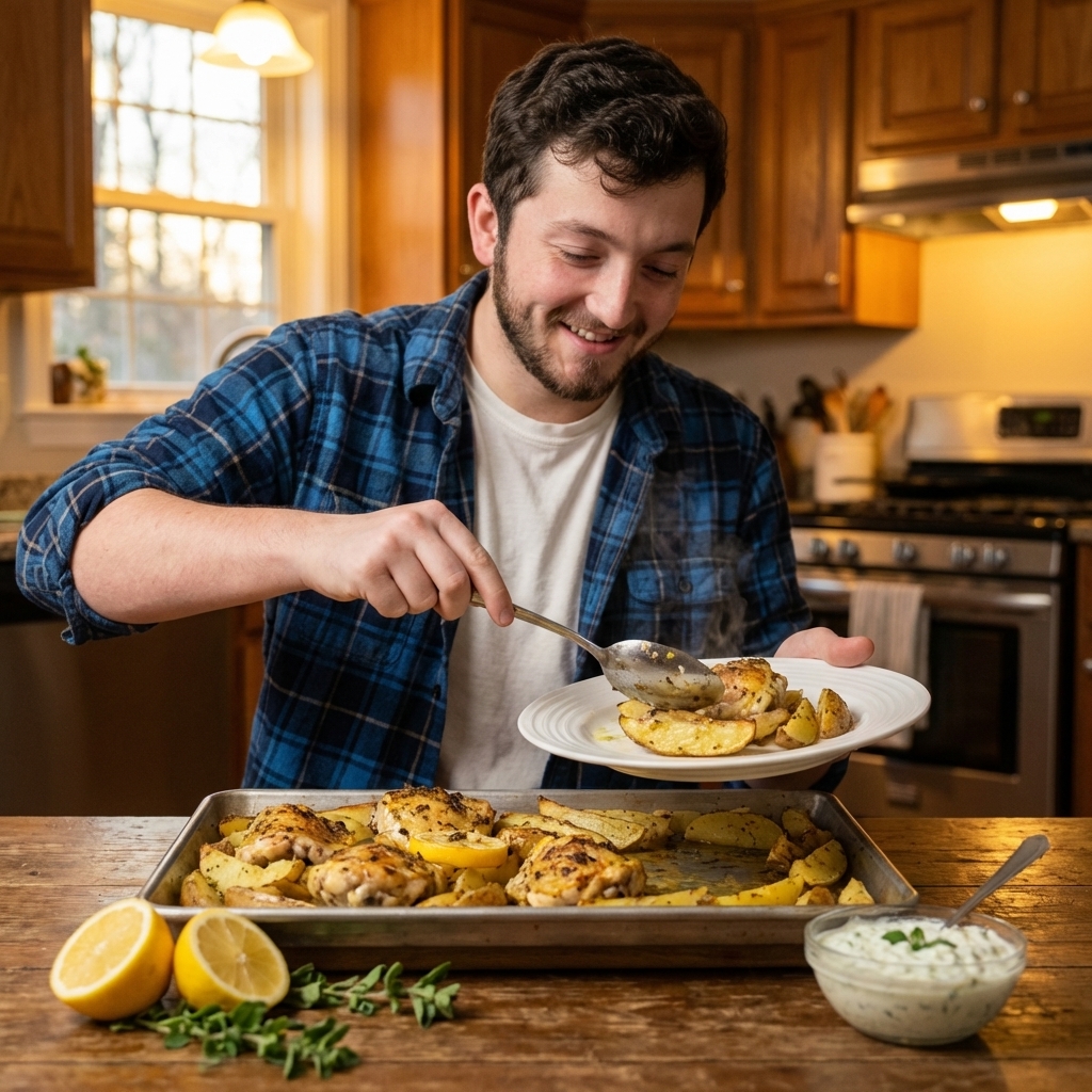 Roasted Greek lemon chicken and potato wedges being served from a sheet pan onto plates at a dinner table, with lemon halves and fresh herbs nearby, warm home kitchen lighting