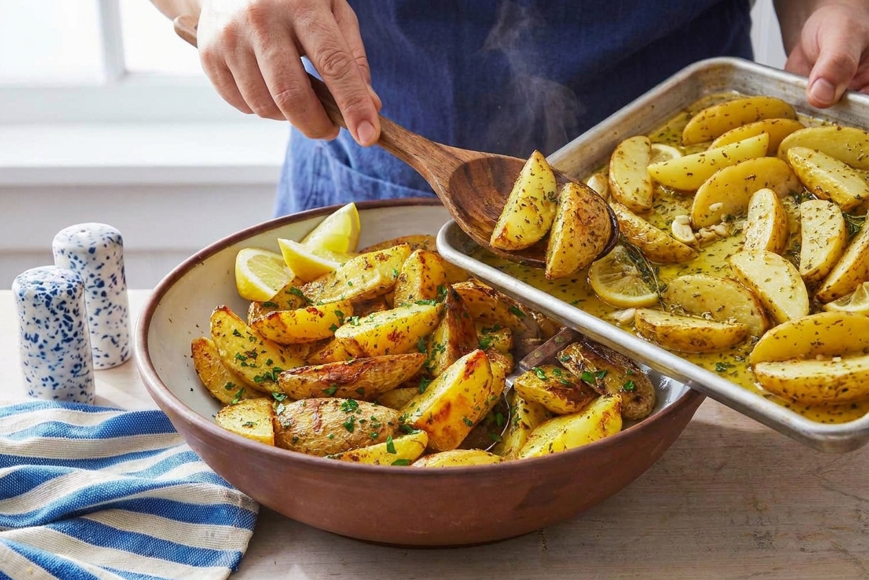 Roasted Greek lemon potato wedges being transferred to a serving platter with fresh herbs and lemon wedges on the side
