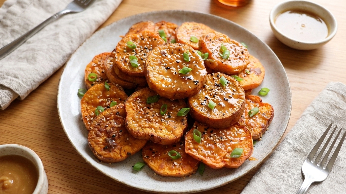 Roasted Japanese sweet potato rounds plated and brushed with glossy miso maple butter, finished with sesame seeds and scallions on a simple dinner table setting