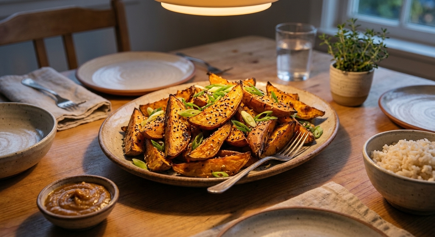 Roasted Japanese sweet potato wedges piled on a serving platter with sesame seeds and sliced scallions on a simple family dinner table