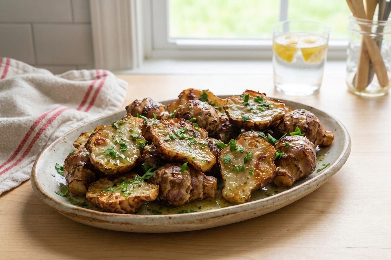 Roasted Jerusalem artichokes piled on a white serving plate, glossy with lemon garlic butter and finished with chopped parsley on a simple dinner table