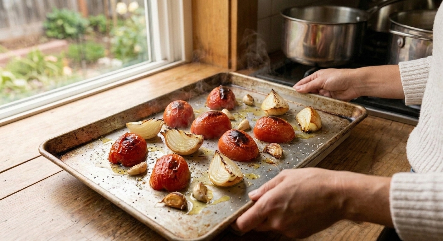 Roasted Roma tomatoes, onion quarters, and garlic cloves blistering on a sheet pan in a home kitchen