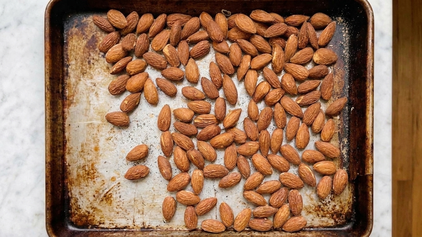 Roasted almonds spread across a sheet pan on a kitchen counter