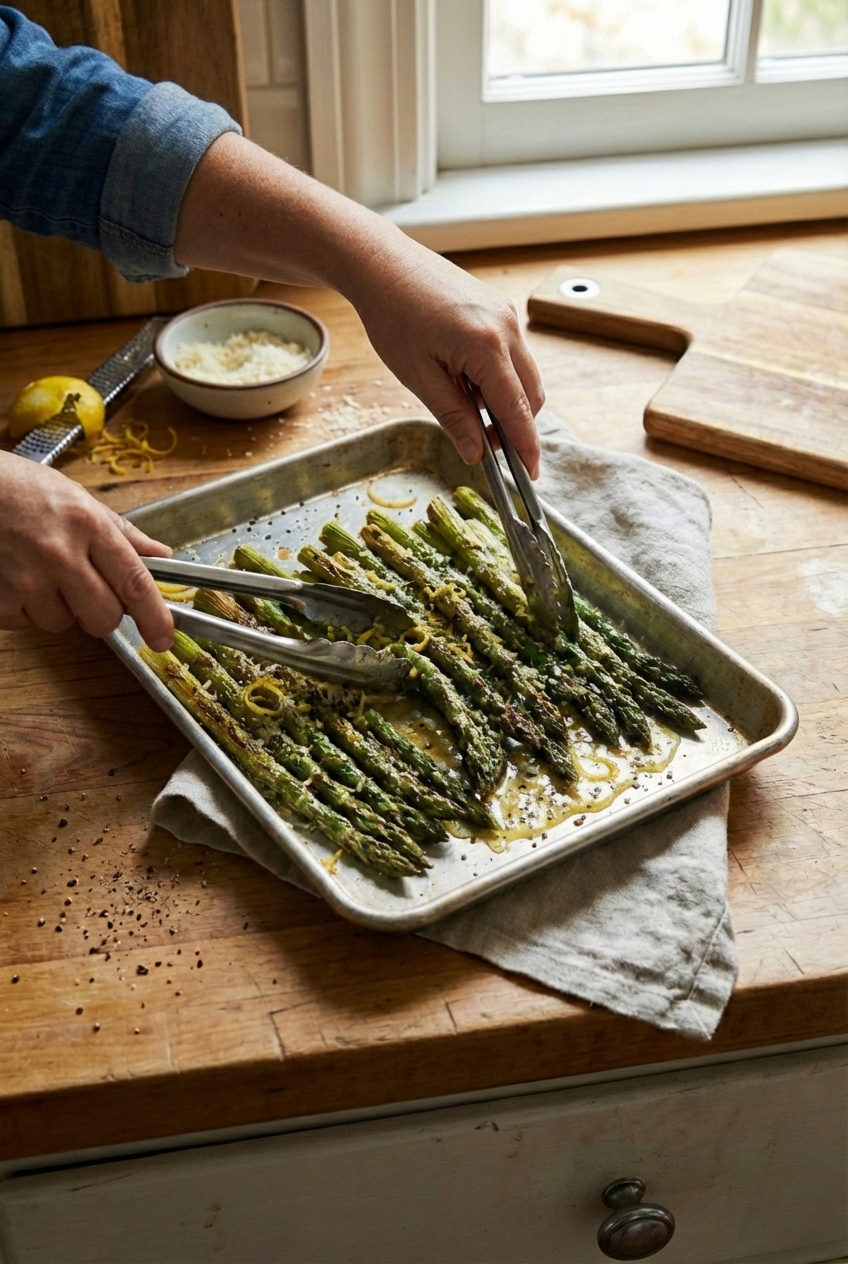 Roasted asparagus being tossed with a lemon garlic sauce in a sheet pan