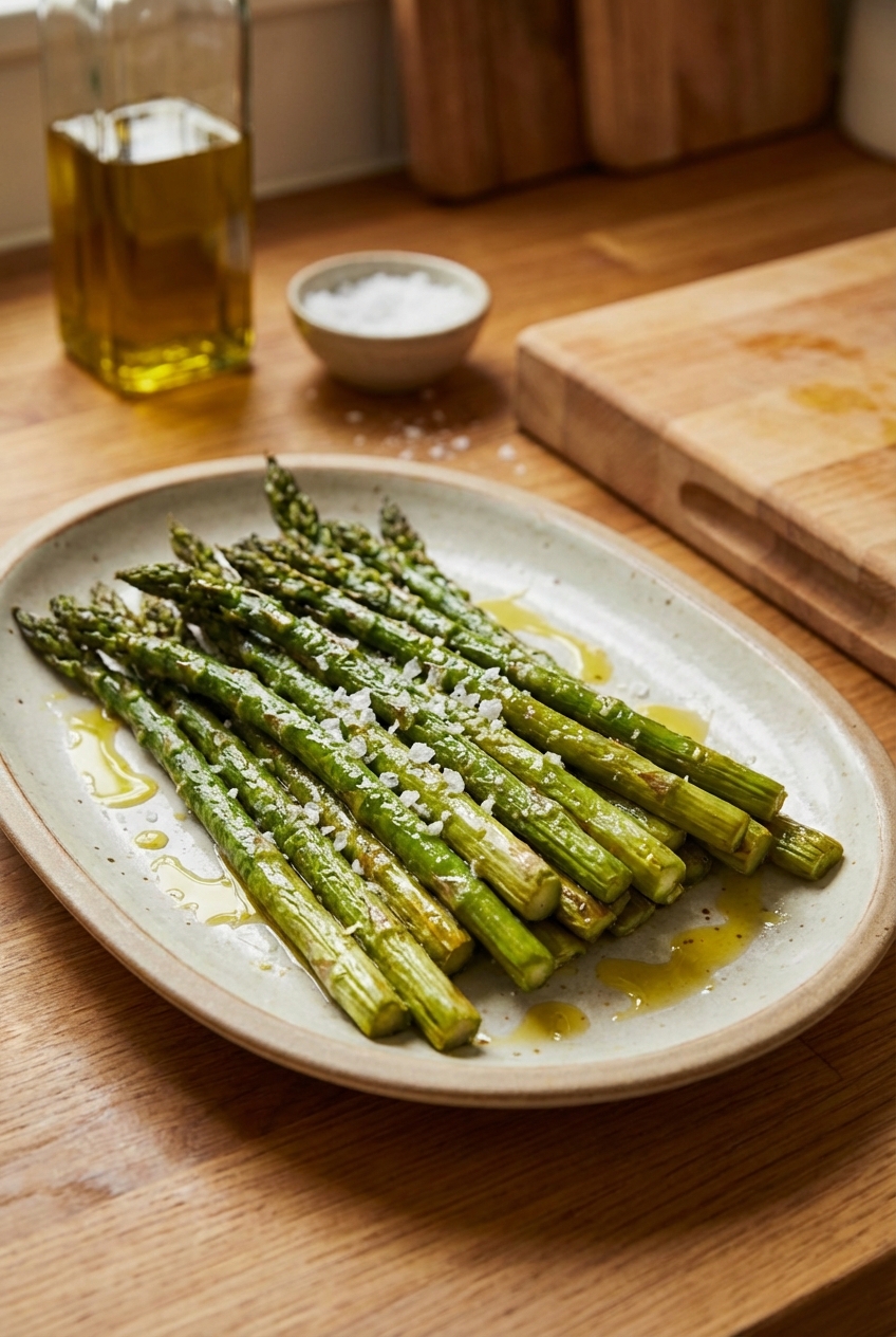 Roasted asparagus on a platter with olive oil and flaky salt