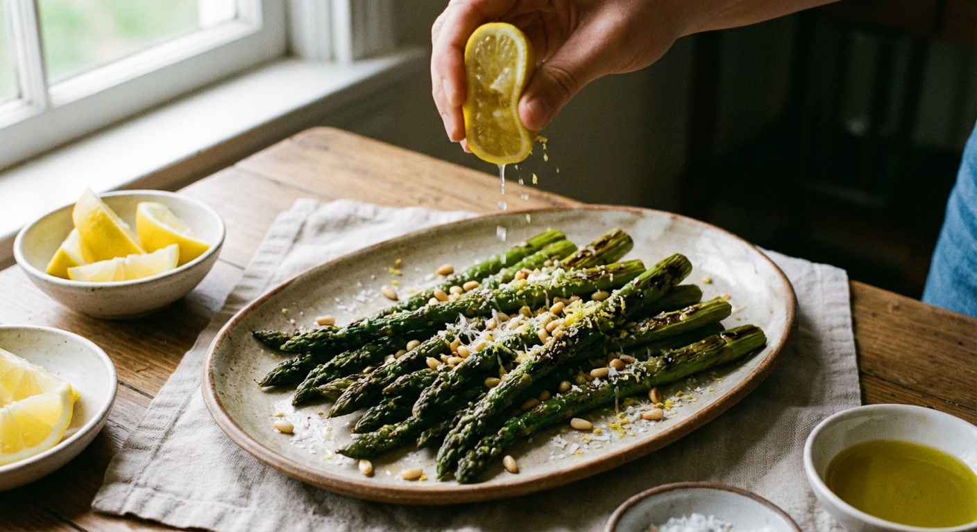 Roasted asparagus on a serving platter being finished with a squeeze of fresh lemon juice