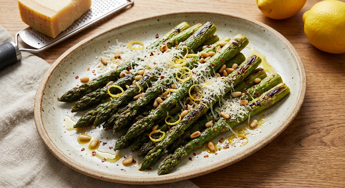 Roasted asparagus on a serving platter topped with grated Parmesan and lemon zest