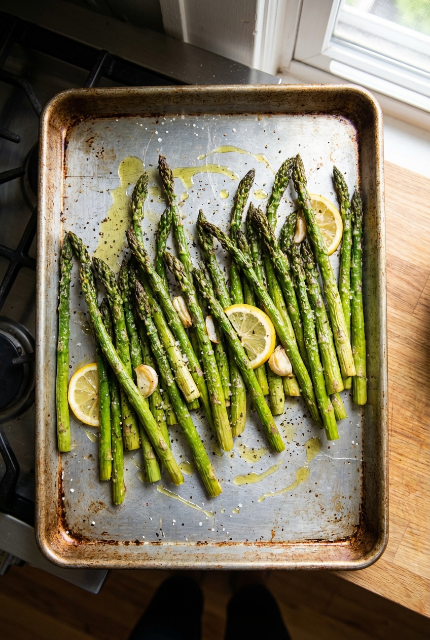 Roasted asparagus on a sheet pan with browned tips