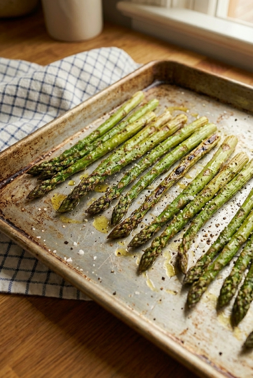 Roasted asparagus on a sheet pan with browned tips