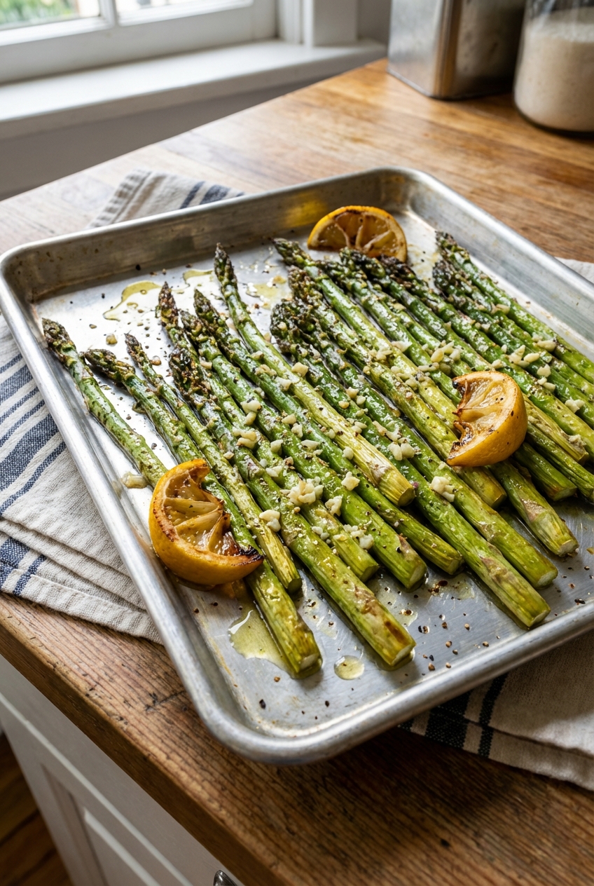 Roasted asparagus on a sheet pan with browned tips and lemon wedges