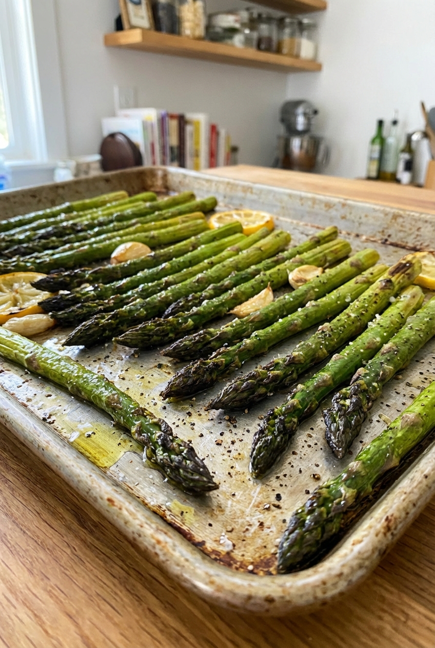 Roasted asparagus on a sheet pan with charred tips