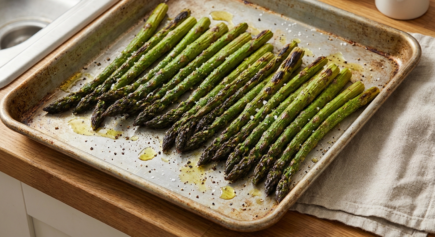 Roasted asparagus on a sheet pan with charred tips